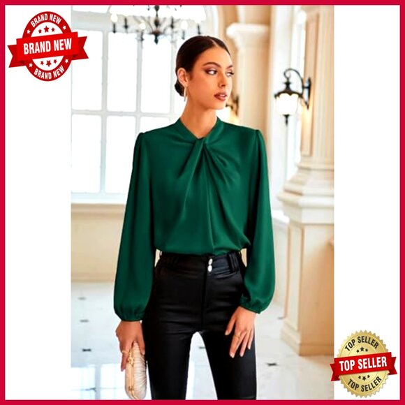 Satin Mock Neck Blouse Elegant Work Office Casual Long Sleeve Chic Top - Picture 4 of 7